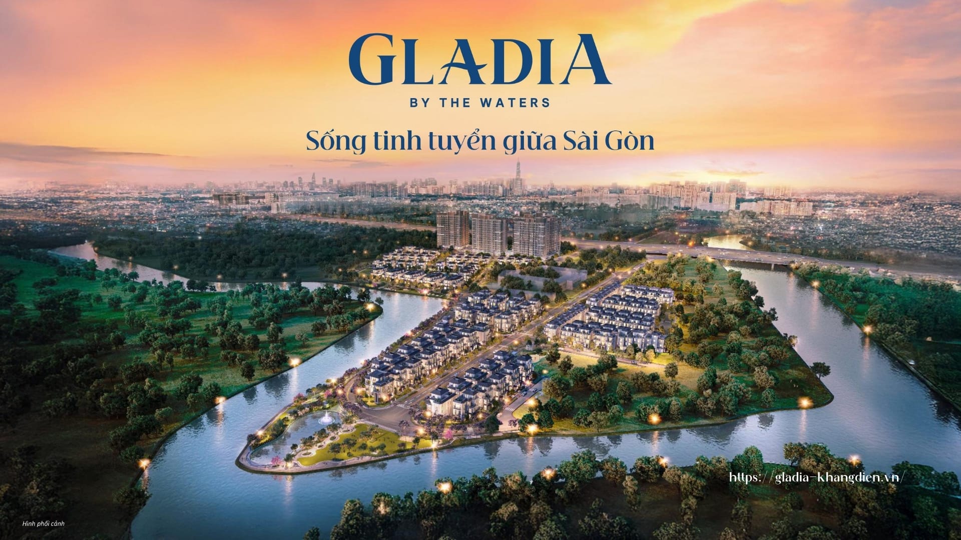 Cảnh đêm của dự án Gladia by the Waters, một yếu tố ảnh hưởng đến giá bán.
